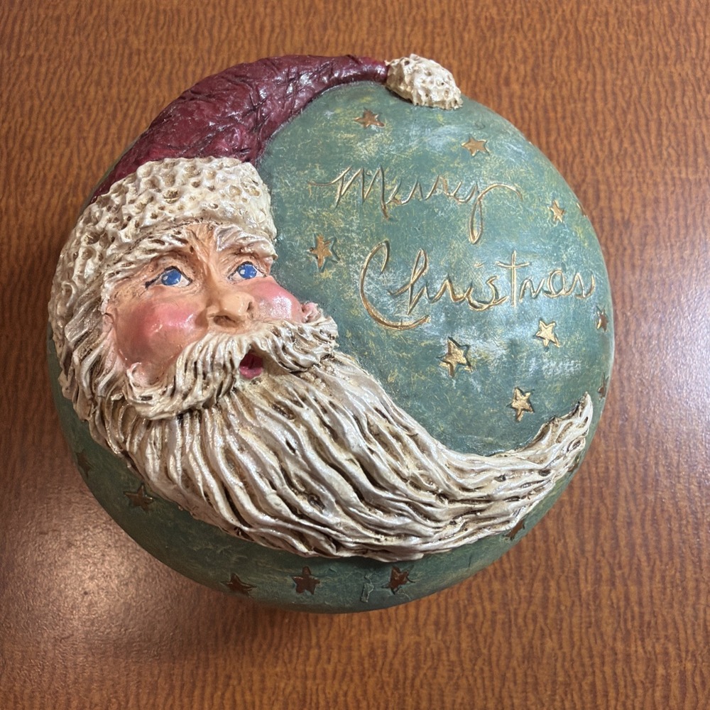 Vtg Santa Cresent Moon Keepsake Trinket Box Celestial Moon Stars 3.5" Christmas